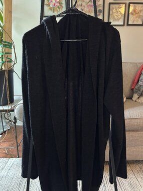 Black Open Front Hooded Duster Cardigan Long Sleeve Layering Piece